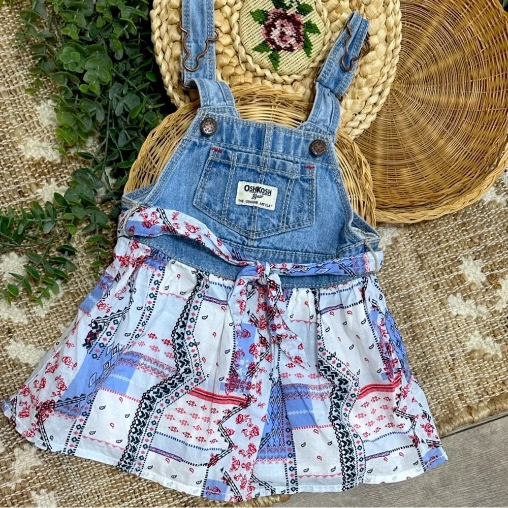 OshKosh B'gosh Red White Blue Denim Bandana Patchwork Overalls Dress Baby Girl